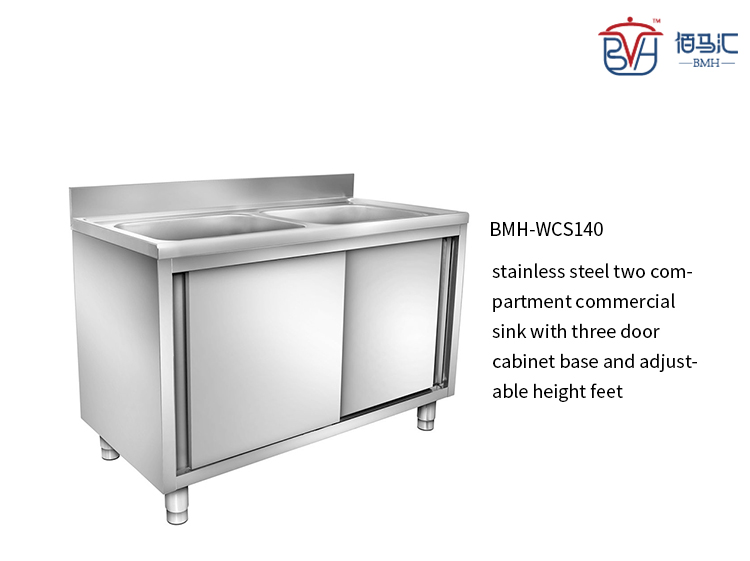 three doors stainless steel cabinet with double bowl sink