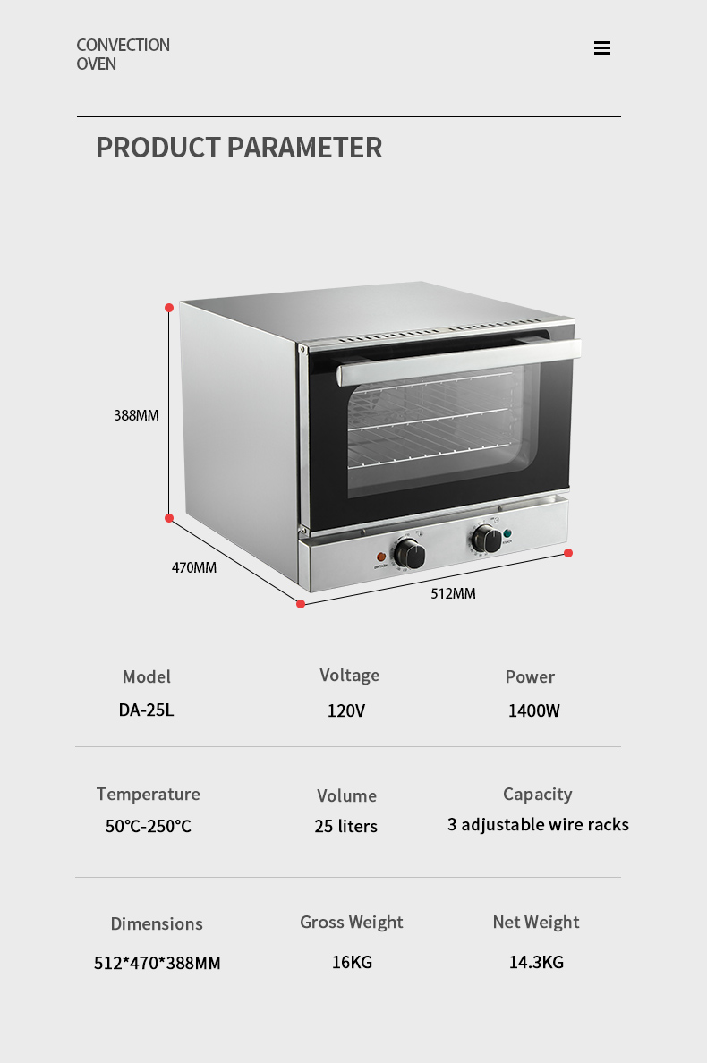 commercial stainless steel convection cooking oven 25 liters specification