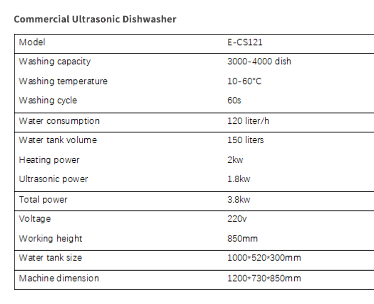 Commercial Ultrasonic Dishwasher specification