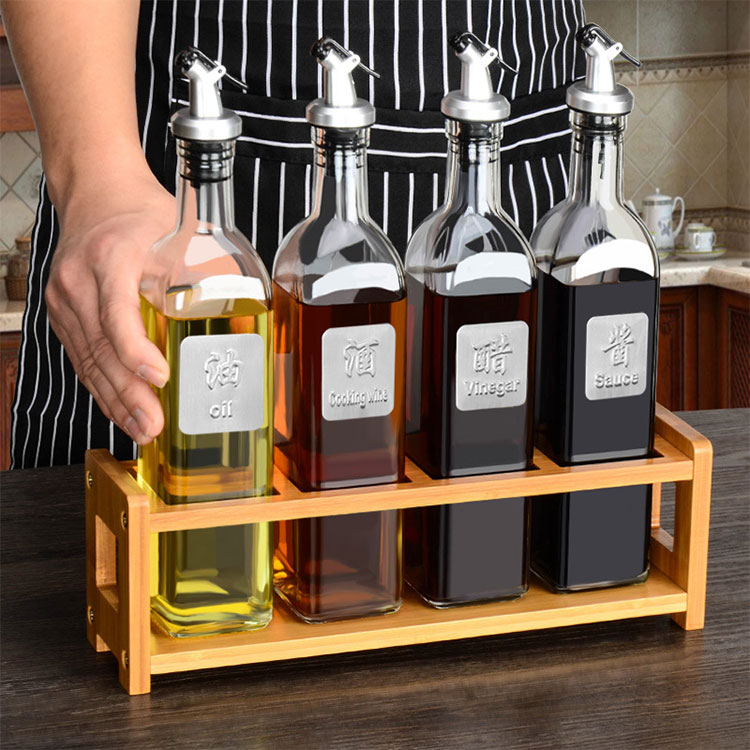 glass sauce bottle set with wooden base (2)