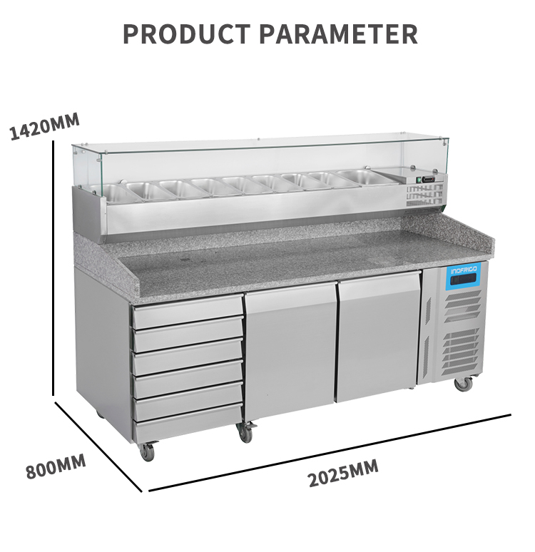 commercial refrigerator pizza prep table with 2 door and 6 drawer