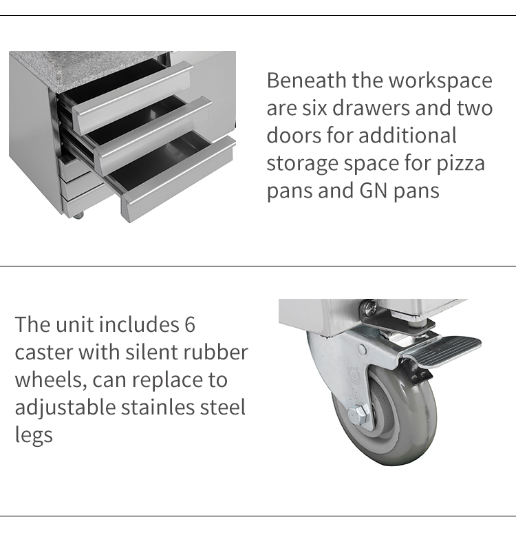 2 door undercounter refrigerator for 11 GN pans with marble pizza prep table