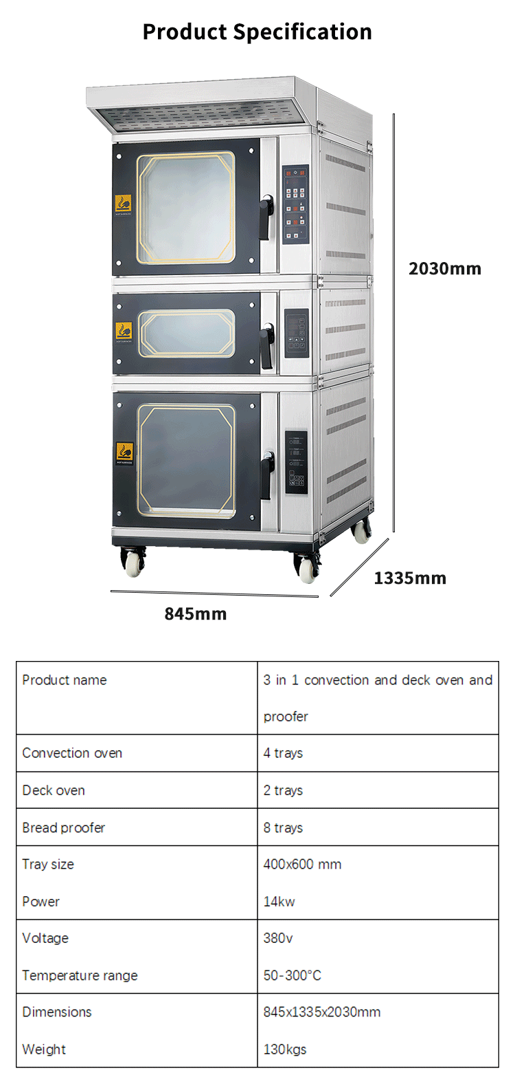 stackable 4 tray countertop convection oven and one deck oven and 8 tray bread proofer