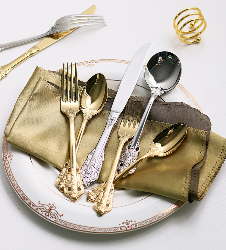 conjuntos de talheres-faca-garfo-colher-de-metal dourado