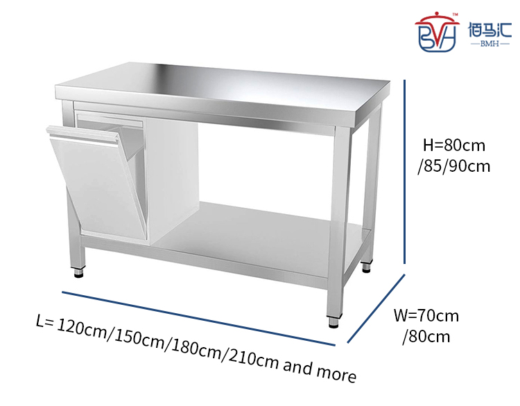 industrial workbench with trash bin cabinet